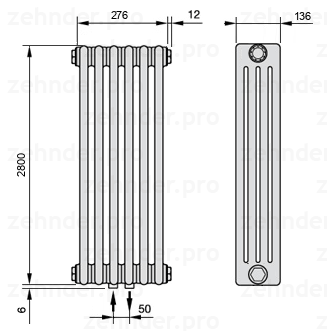 Схема (чертеж) Радиатор Zehnder Charleston 4280/6 №3470 Белый глянцевый RAL 9016